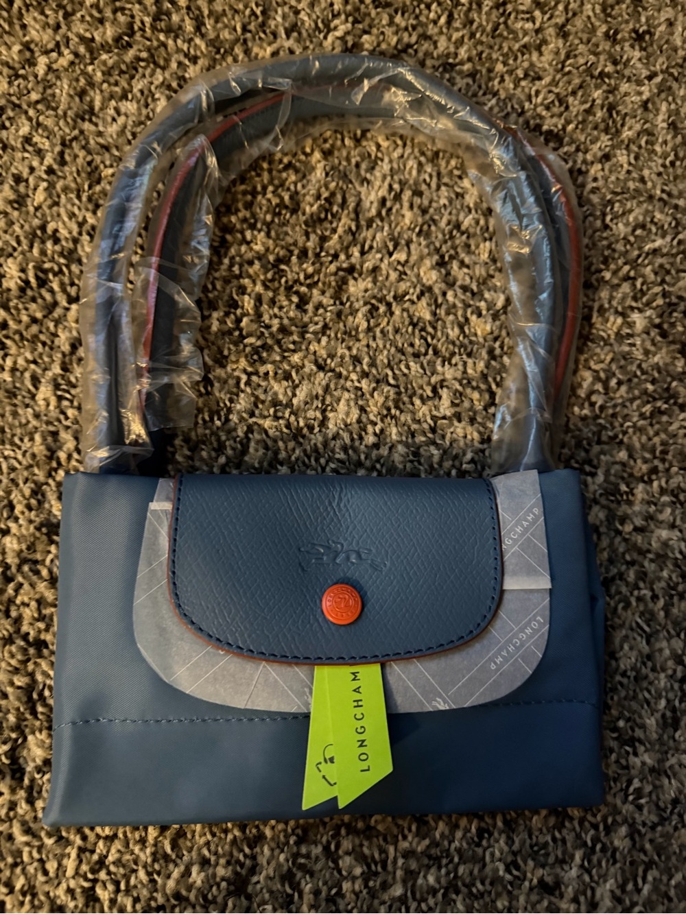 Longchamp Navy Mini Top-Handle Bag with Orange Snap